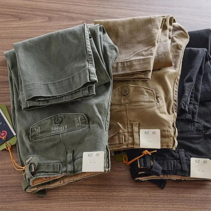 Heavy Tooling Straight-leg Pants Men's Korean Ami Kaji Pure Cotton Men's Long Pants Old Worn Hole Casual Pants Cotton Mens Jeans