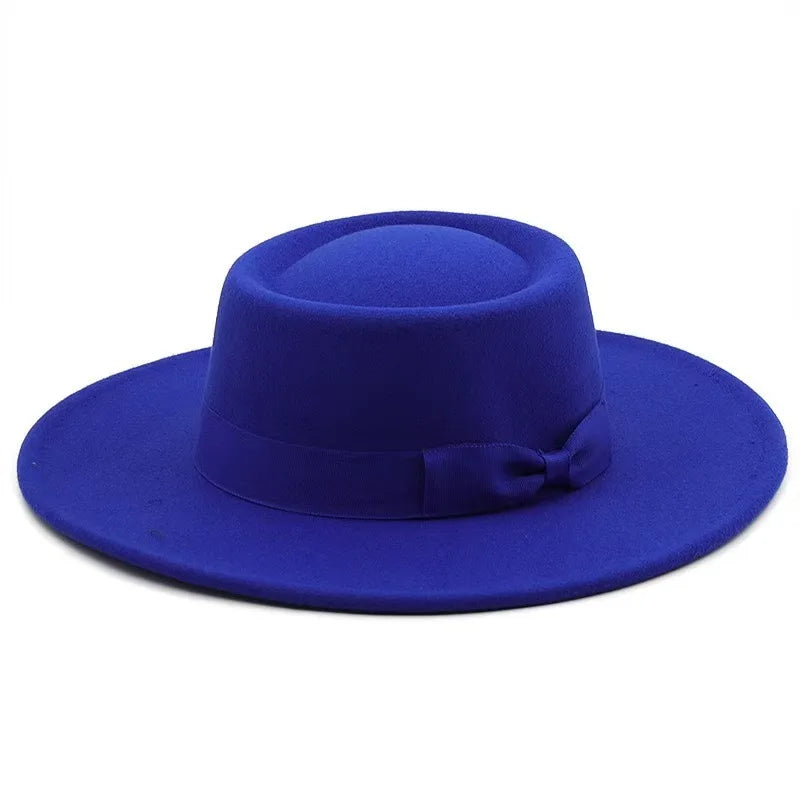 9.5cm Brim Round Top Hat Solid Color Fedoras Bow Flat Top Boater Style Panama Hats for Women Men Party Wedding Church Felt Caps