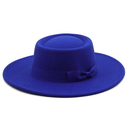 9.5cm Brim Round Top Hat Solid Color Fedoras Bow Flat Top Boater Style Panama Hats for Women Men Party Wedding Church Felt Caps