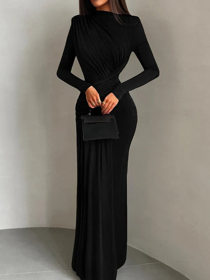 Folds Maxi Dress Women o-Neck Full Sleeve Solid Banquet Elegant Vacation Fashion Autumn Skinny Casual Simple Vestidos
