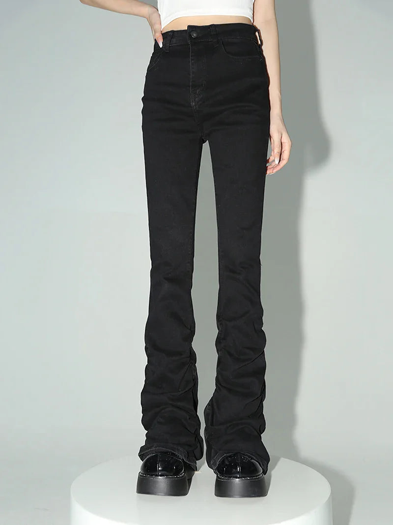 Stacked Flare Jeans Women Black Trousers Goth Retro Solid Stretch High Rise Boot Cut Pants Japanese Korean Y2k Fashion