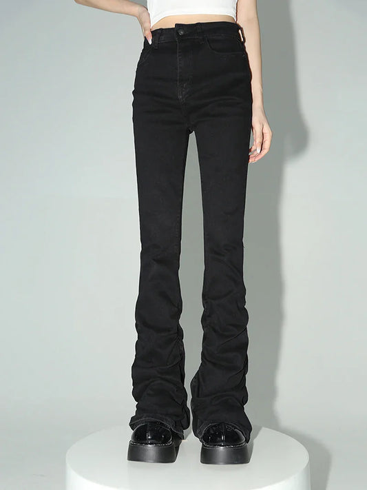 Stacked Flare Jeans Women Black Trousers Goth Retro Solid Stretch High Rise Boot Cut Pants Japanese Korean Y2k Fashion