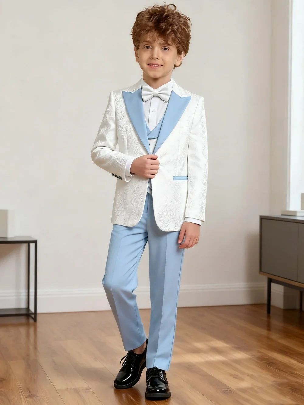 Hot Selling Stylish Paisley Jacquard Boys Formal Suit Set 3-14 Years 4 Piece Kids Wedding Tuxedo Elegant Blazer Vest Pants Bow