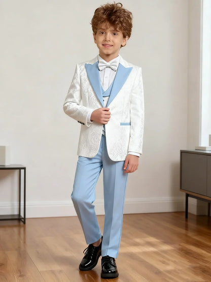 Hot Selling Stylish Paisley Jacquard Boys Formal Suit Set 3-14 Years 4 Piece Kids Wedding Tuxedo Elegant Blazer Vest Pants Bow
