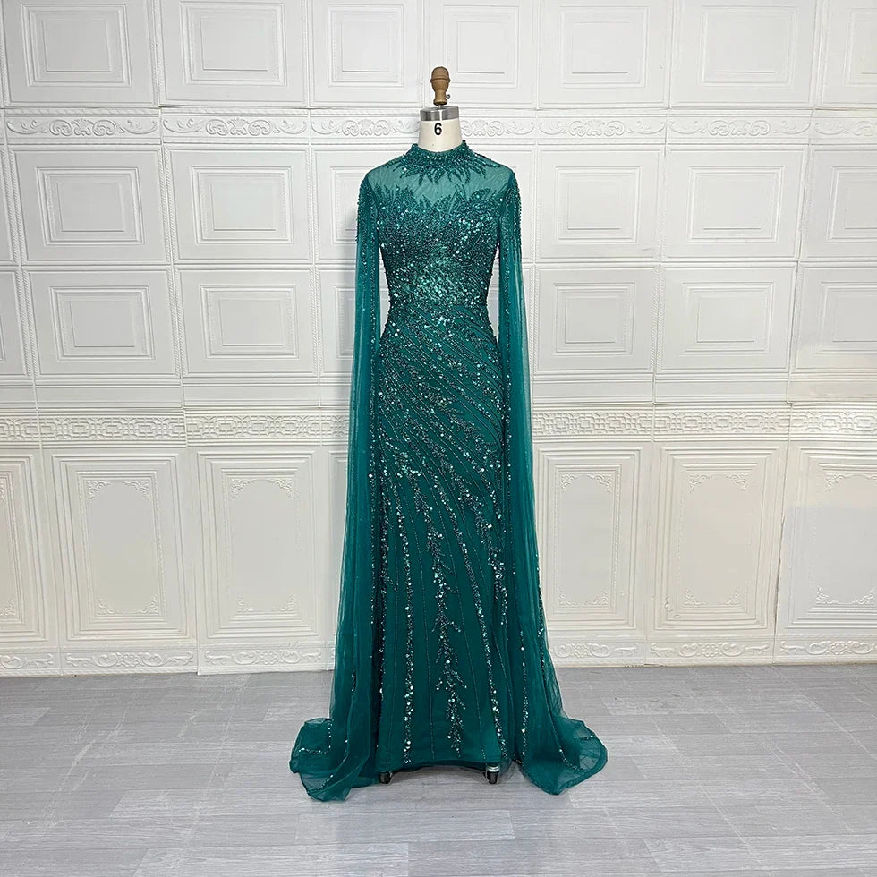 Luxury Saudi Arabia Mermaid Beaded Cape Sleeves High-Neck Evening Dresses 2025 Dubai Party Gowns for Women Wedding Customized