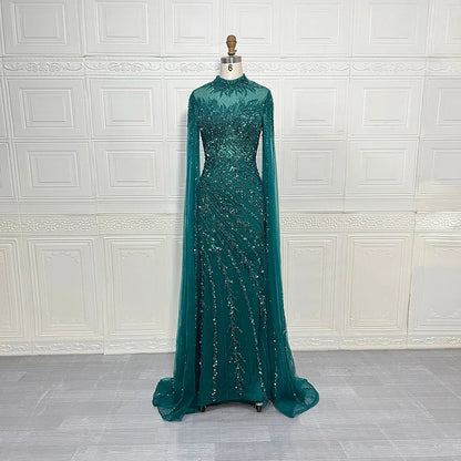 Luxury Saudi Arabia Mermaid Beaded Cape Sleeves High-Neck Evening Dresses 2025 Dubai Party Gowns for Women Wedding Customized