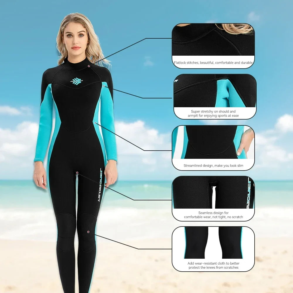 Women's 3mm Neoprene Snorkeling Suit Warm Anti-Jellyfish Cold-Proof One-Piece Back Zipper Wetsuit For Swimming Drifting Surfing