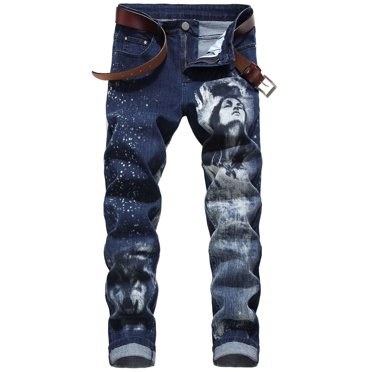 2026 Men's Blue 3D Printing Jeans, Black Wolf Pattern Printed Punk Straight Cotton Casual Print Denim Pants Asian Size 28-42