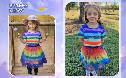 Girls Rainbow Striped T-Shirt Tutu Skirt With Cat Ears Headband Set Halloween Carnival Cosplay Costume Kids Birthday Clothing