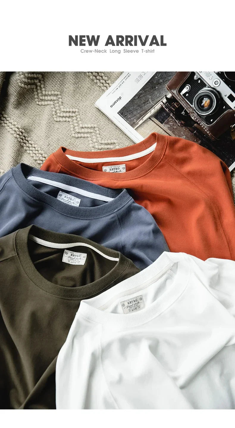 100% Cotton Loose Crew Neck Long Sleeve T-shirts Men's  230g Thin Breathable Tee Shirt Basic Solid Color Oversized Tops