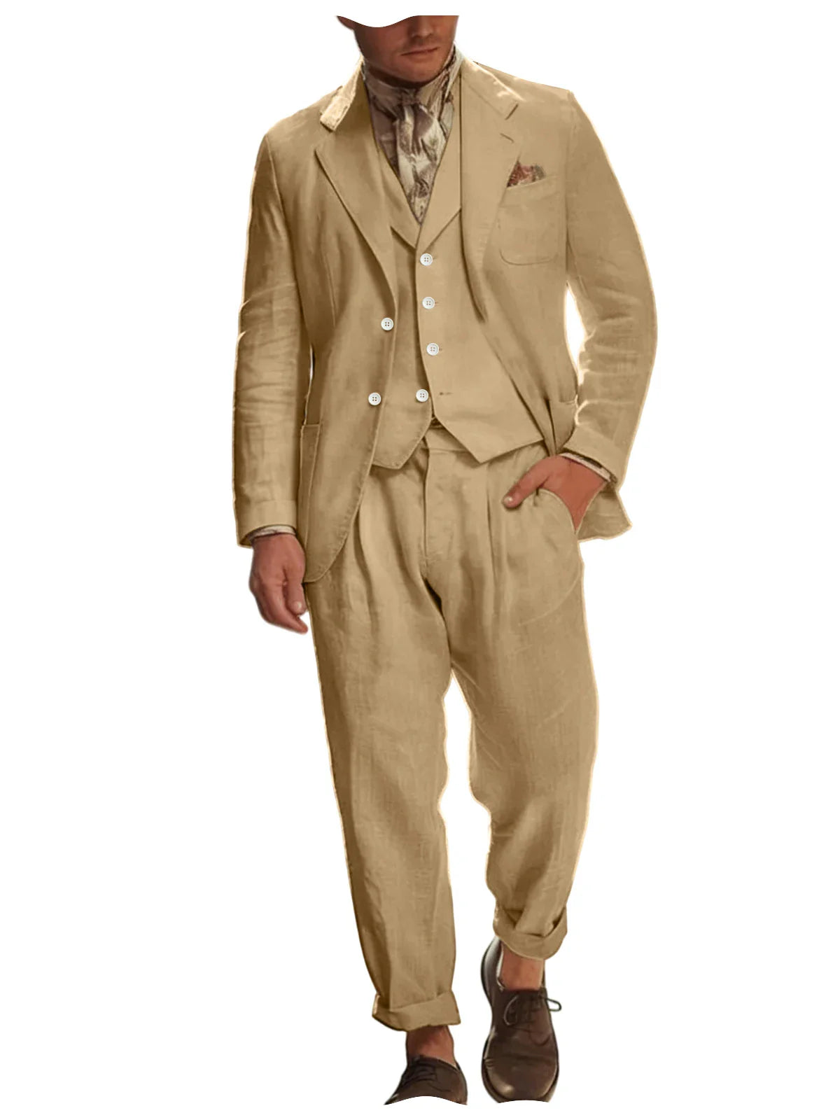 Italian Style Men's Linen 3 Piece Set Notch Lapel 2 buttons Blazer+Vest+Pants Breathable Lightweight Summer Casual Business Suit