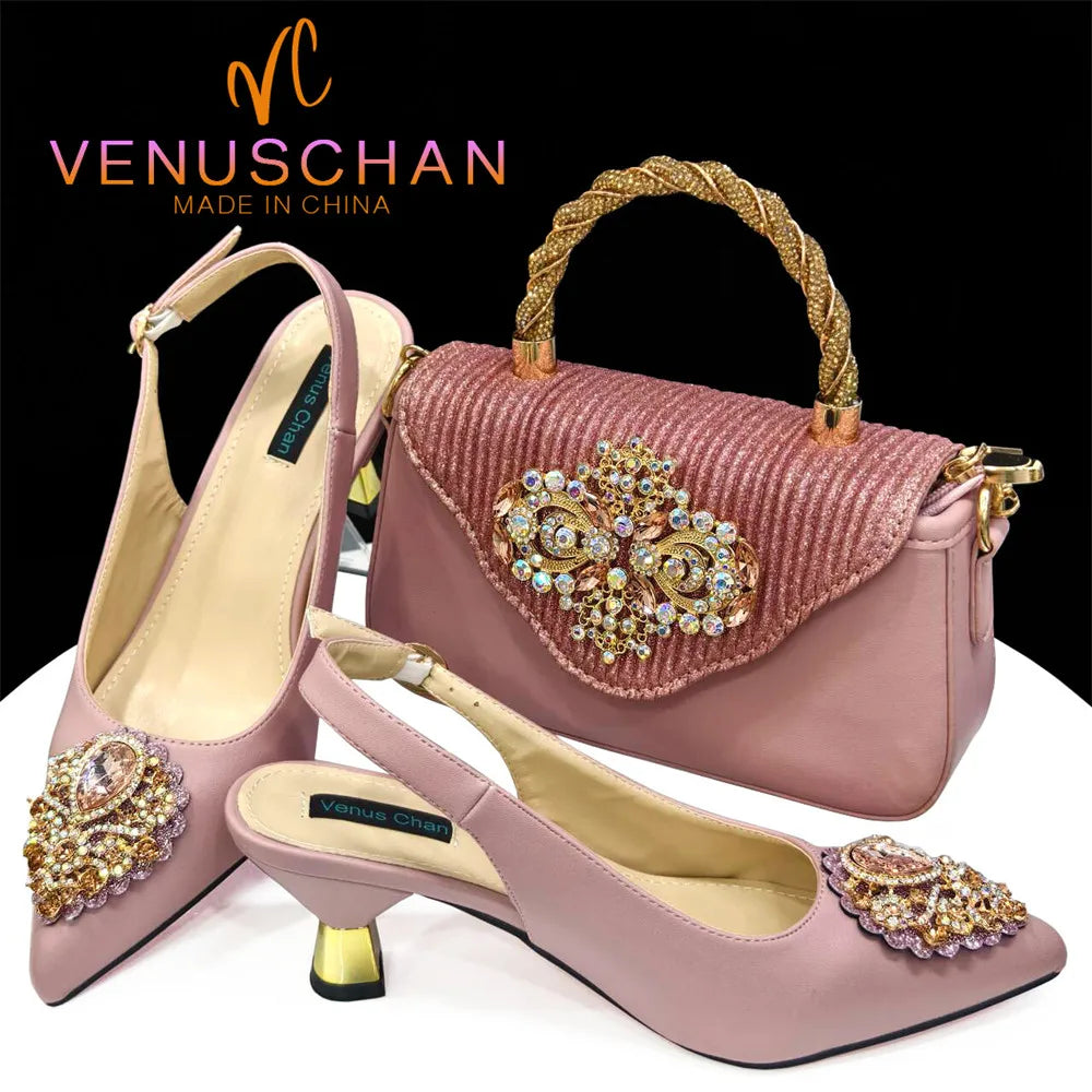 2024 Nigerian Women's Pink High Heel Frosted Crystal Shiny Rhinestone Party Italian Design Pointed Shoes And Bag Set
