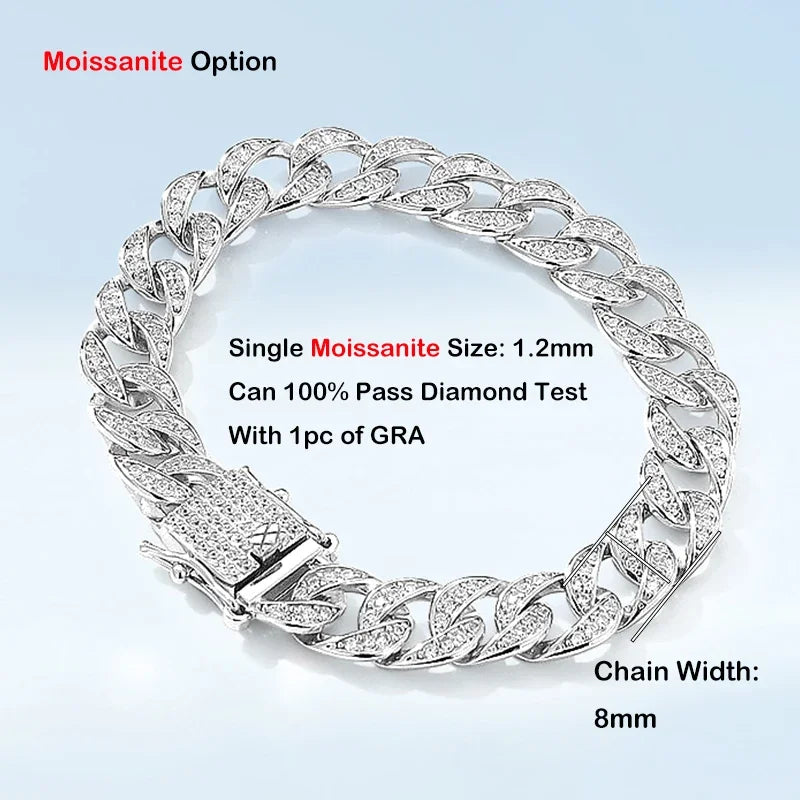 Full 1.2mm D Color Moissanite Cuban Chain Bracelet For Men Women S925 Silver Pass Diamond Test 8mm Wide Link Bracelets Gift