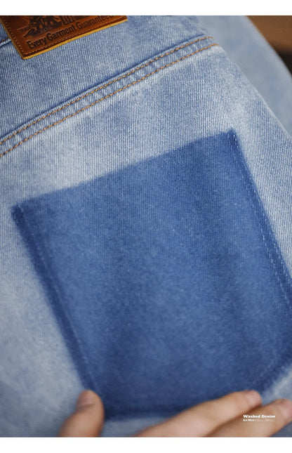 Men's American Retro Ice Blue Washed Denim Shorts Straight A Line Seven Inch Pants Vintage Workwear Loose Summer Trousers