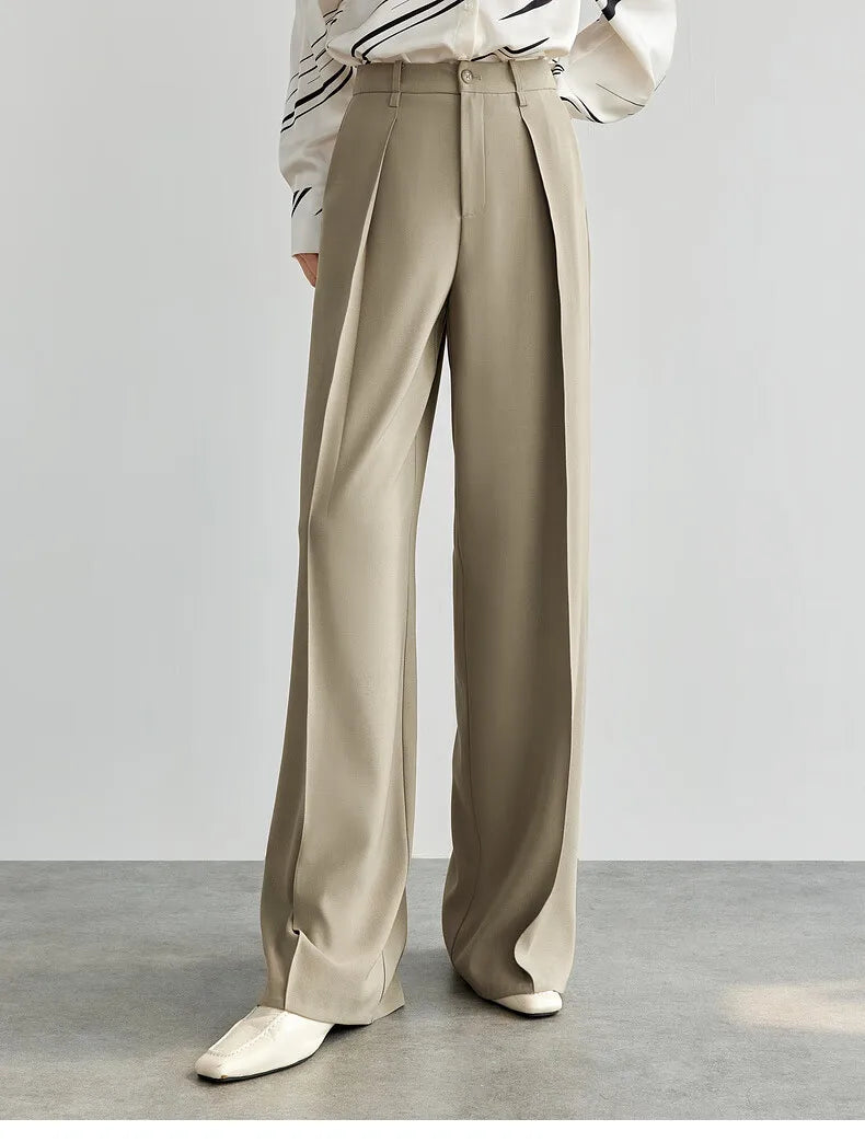 Women's Tailored Trousers Formal Solid High-waist Folds Twill Workwear Pockets Full-length Pants 2026 Spring 151K57704