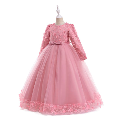 Long Sleeve Flower Bridesmaid Girls Dress Children Christmas Costume Lace Bow Princess Kids Dressees For Girl Party Wedding Gown
