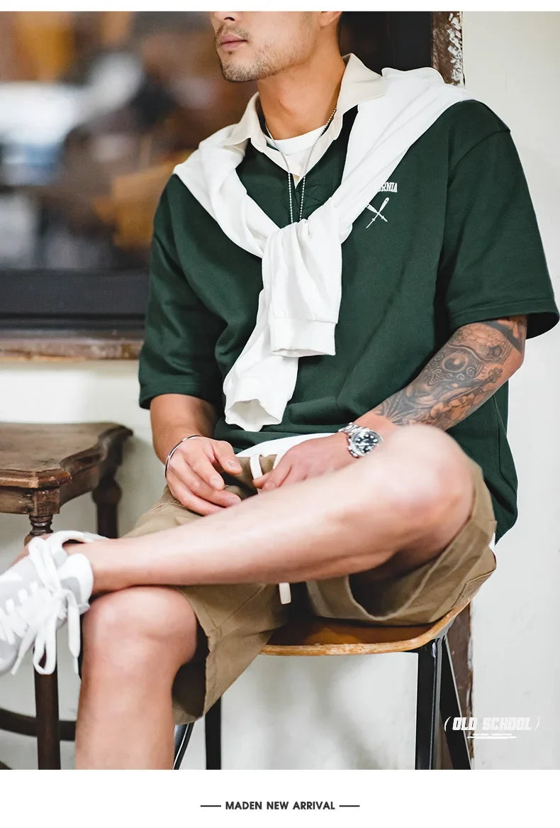 Contrasting Color Short Sleeve T-shirts for Men Summer Green Loose Fit Polo Shirt Casual Embroidery Tee Tops for Daily