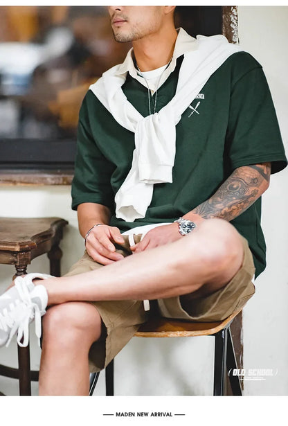 Contrasting Color Short Sleeve T-shirts for Men Summer Green Loose Fit Polo Shirt Casual Embroidery Tee Tops for Daily