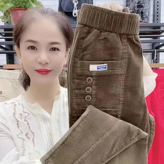 Elegant Women Streetwear Korean Fashion Casual Pant Solid Corduroy Harlan Button Pockets Pants New Autumn Winter Pants Plus Size
