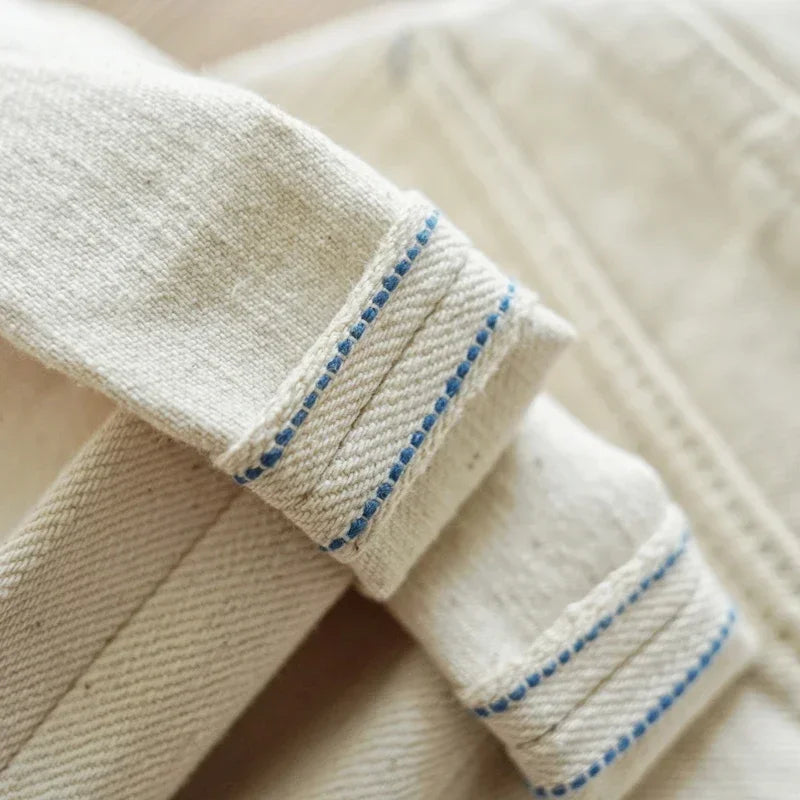 Mens Jeans Selvedge Denim White Jeans Regular Fit hight Rise  14 Oz One Wash