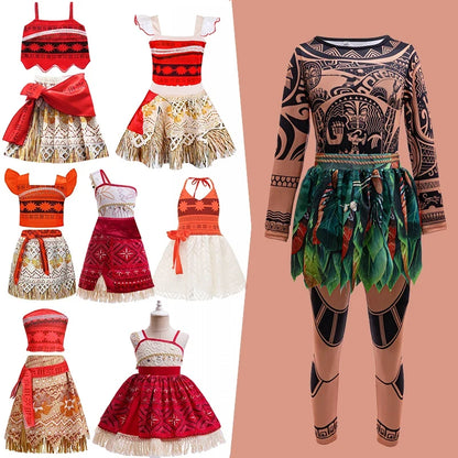Children Cosplay Dresses Girls Moana Princess Dress for Kid Halloween Maui Vaiana Costume Children Birthday Party Clothes Set