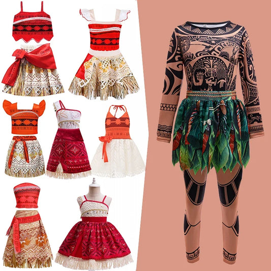 Children Cosplay Dresses Girls Moana Princess Dress for Kid Halloween Maui Vaiana Costume Children Birthday Party Clothes Set