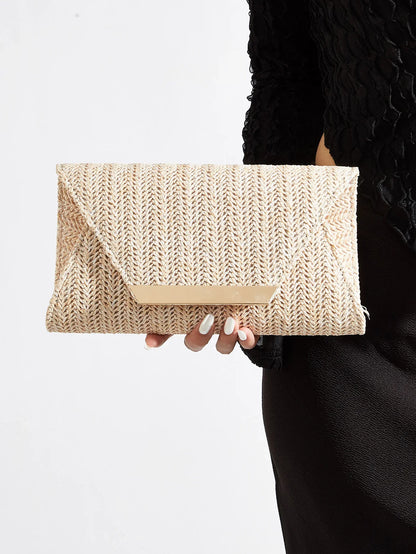 Women's Woven Clutch Bag, Beige, Solid Color, Summer, Holiday, Beach, Vacation Essential, Vacation Season, Versatile Business Commuter Women's Crossbody Bag, Casual, Simple, Beach