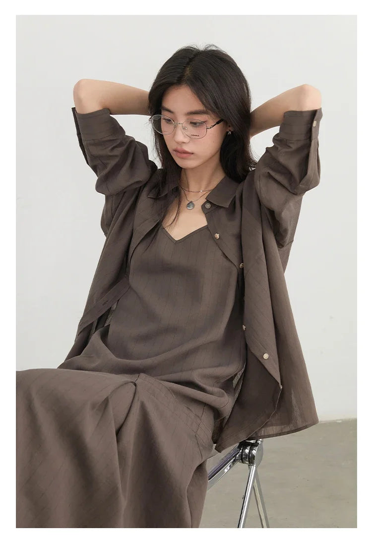 Women Dress Sets Stripe Shirt Loose Casual Long Sleeve Sunscreen Blouses Camisole V-neck Dresses Spring Autumn 2025