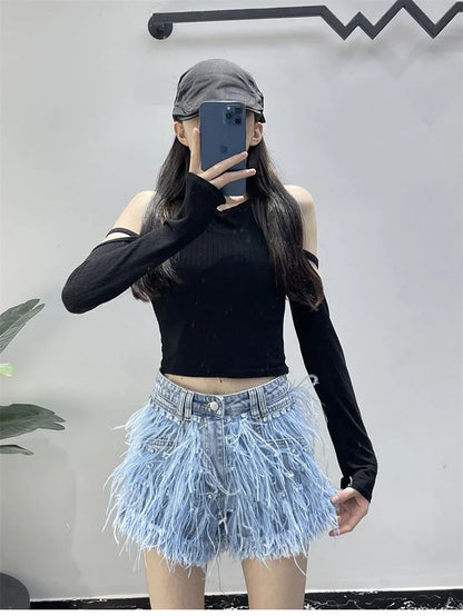 Summer Street Hot Girls Short Jeans Female Chic Feather Diamond Denim Shorts Women Retro Washed Hot Pants Sexy Night Club Shorts