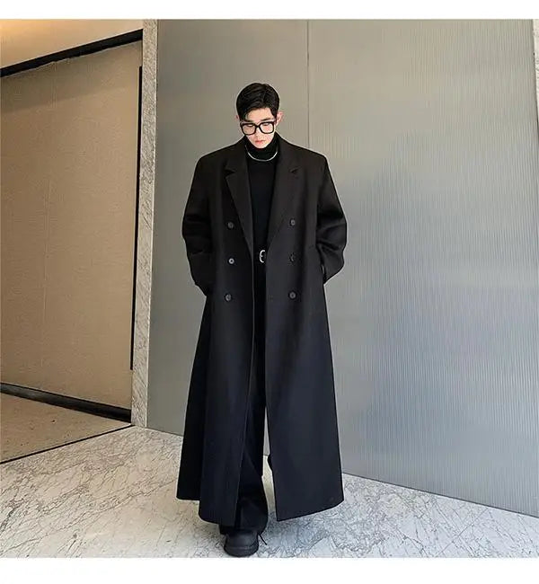 Spring Autumn Extra Logn Black Oversized Flowy Soft Trench Coat for Men with Back High Slit Loose Casual Overcoat