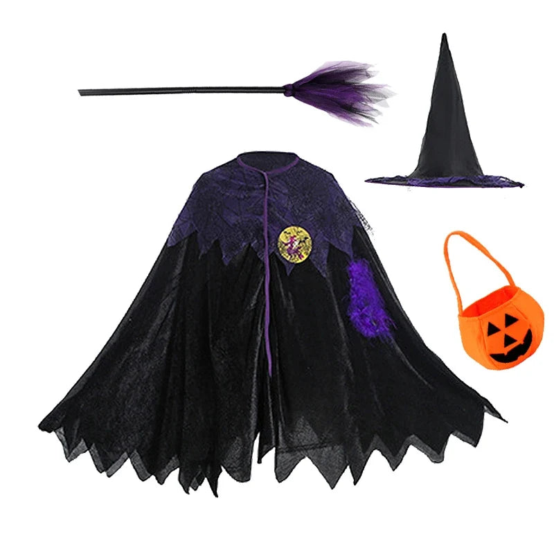 Kids Witch Halloween Costume Witch Cosplay Dress and Magic Hat Set Carnival Party Clothes for Girls Gothic Vampire Costume