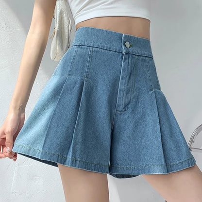 2024 Summer Plus Size Denim Shorts For Women High Elastic Waist Blue Or Sky Blue Pleated Mini Large Size Short Femme