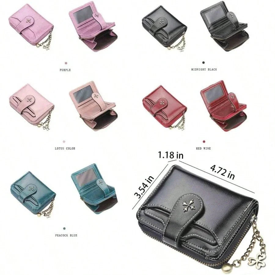 Women’s Retro Small Wallet – Mini Leather Credit Card Holder, Double-Fold Design with Zipper, Compact Aesthetic Wallet