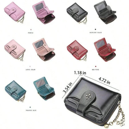 Women’s Retro Small Wallet – Mini Leather Credit Card Holder, Double-Fold Design with Zipper, Compact Aesthetic Wallet