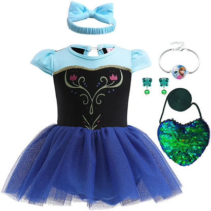 2026 Infants and Toddlers Classic Elsa Blue Short-Sleeved Princess Skirt Girl Cosplay Princess Anna Clothing + Accessories Set