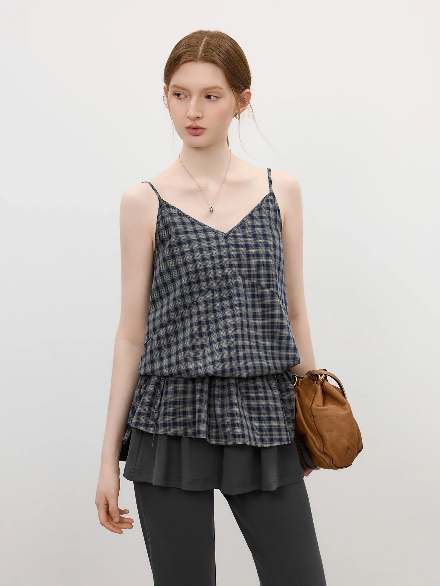 Stylish Retro Checkered Strappy Fitted Top for Women 2025 Summer New Arrival Tanks Camis V-neck suspenders 25FS12853