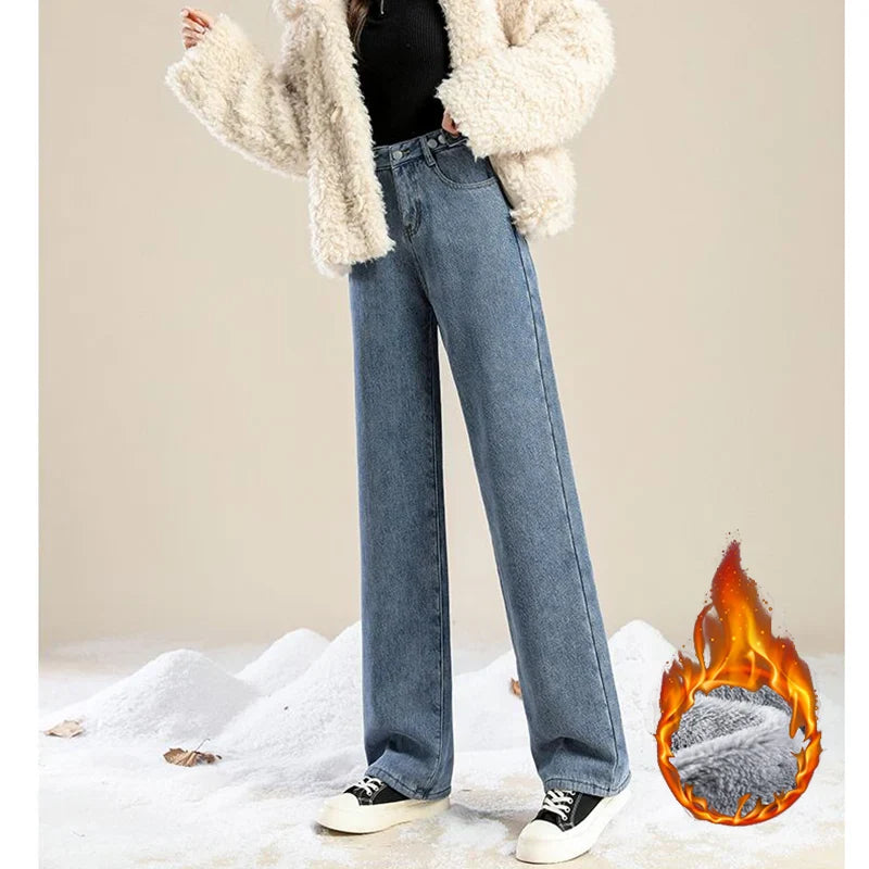 Winter Girls Plush Thermal High Waist Solid Jeans Lady Fleece Snow Warm Denim Pants Women Baggy Straight Leg Daily Trousers