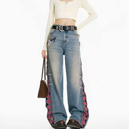 American Sle Zipper Plaid Printed Patchwork Loose Jeans For Men And Women Fashion High Waist Casual Vintage Straight Jeans