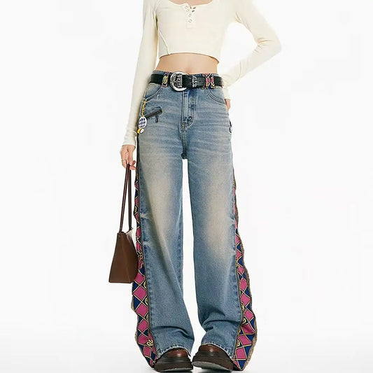 American Sle Zipper Plaid Printed Patchwork Loose Jeans For Men And Women Fashion High Waist Casual Vintage Straight Jeans