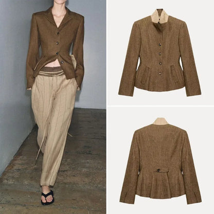 Brown Linen Blend Fitted Blazer Contrast Stand Collar Single Row Buttons Waist Cinched Tailored Cropped Vintage Commuter Coat