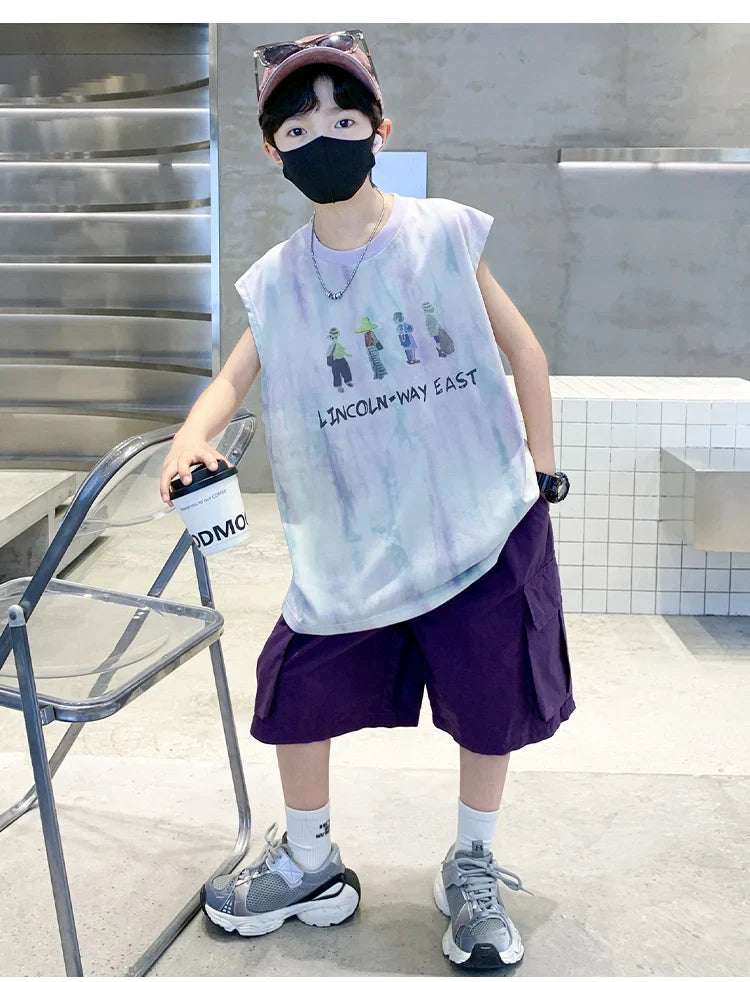 New Summer Kids Clothing Set Sleeveless T-shirt Suit with Shorts for Boy Luxurious Cotton Tracksuit 5 6 7 8 9 10 11 12 13 14 T