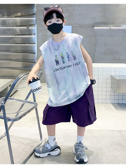 New Summer Kids Clothing Set Sleeveless T-shirt Suit with Shorts for Boy Luxurious Cotton Tracksuit 5 6 7 8 9 10 11 12 13 14 T