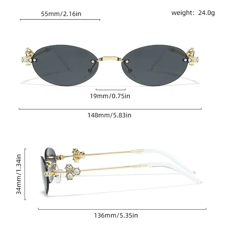 Women's Fashion Glasses Exquisite Diamond Decoration Sunglasses Oval Shaped Frame Cut Edge Frameless Small Outdoor Sun Glasses