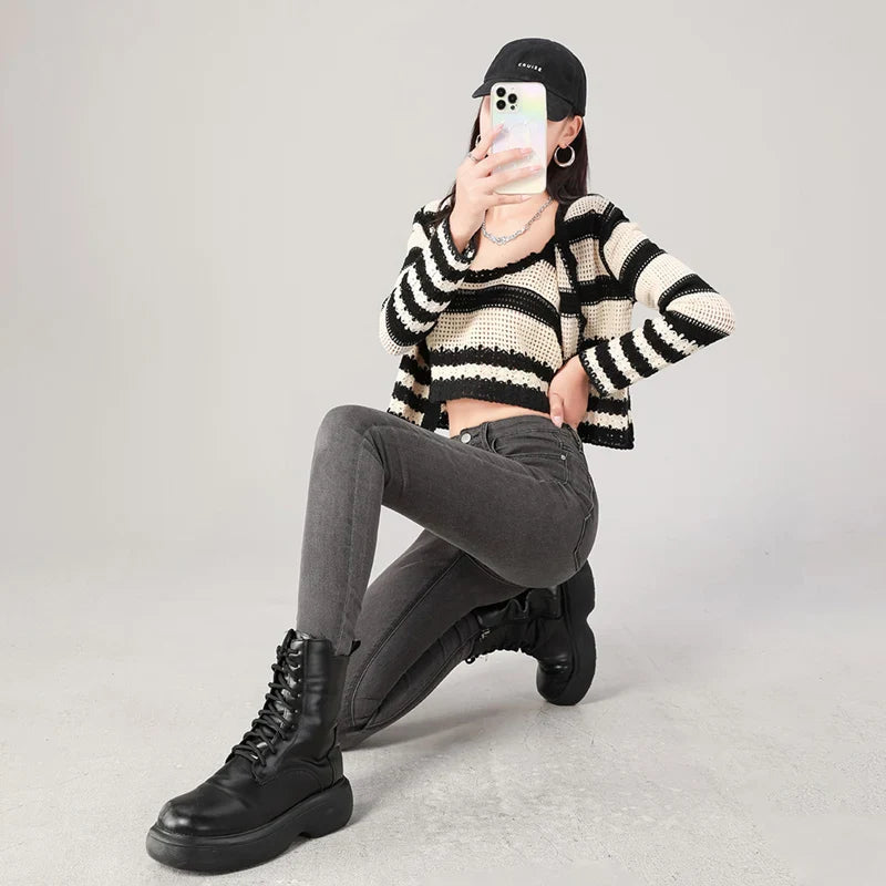 2024 Sexy Women Blue Slim Skinny Denim Jeans High Waist Elastic Mom Jeans Stretch Washed Pencil Pants Streetwear Tight Trousers