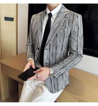 Fashion Meteor Line Checkered Elegant Suit Jacket Men Fashion De Luxe Business Slim Fit Single Breasted Social Party Dress Coats