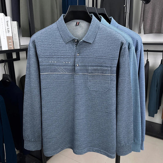 High quality striped printed long sleeve polo shirt men's fashion light luxury pocket autumn new business casual lapel T-shirt