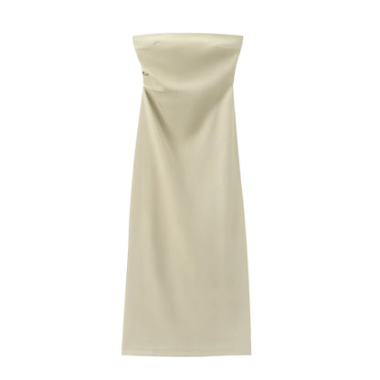 Women Fashion Summer New Sexy Split Back Zip Pleated Sleeveless Strapless Dress Chic Female French Elegant Evening