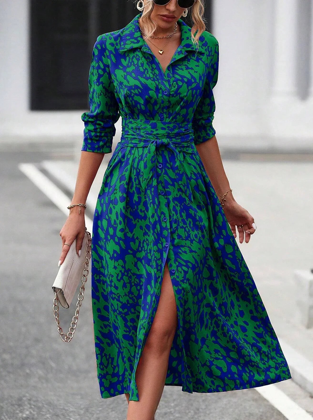 Elegant Random Print Button Down Shirt Dress Women's Long Sleeve Belted Waist Midi Dress Spring Fall Office Casual Dress
