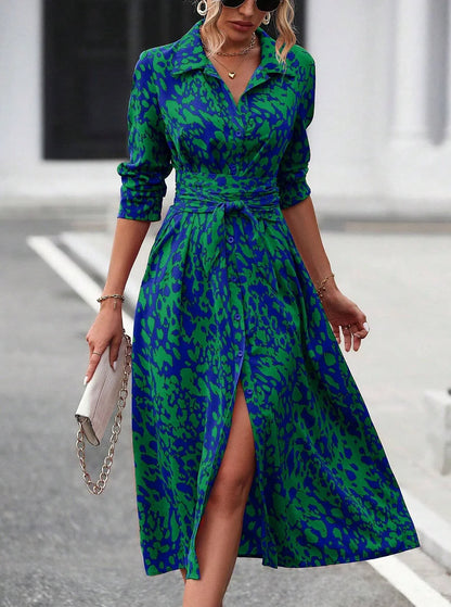 Elegant Random Print Button Down Shirt Dress Women's Long Sleeve Belted Waist Midi Dress Spring Fall Office Casual Dress