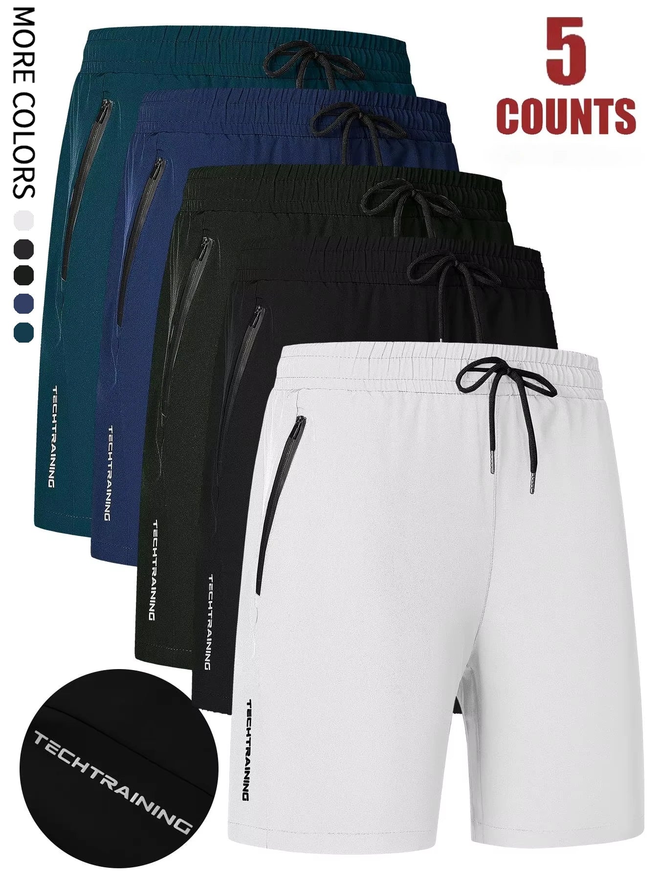 Men's Five-Piece Shorts, Sports, Fitness, Swimming, with Zipper Pockets, Quick-Drying, Casual, Breathable, Drawstring Shorts, Suitable for Summer Outdoor Sports, Fitness Training, Home Leisure, Beach Vacation